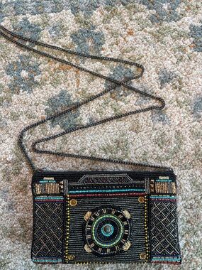 Mary Frances Black Multicolor Beaded Camera Crossbody Bag